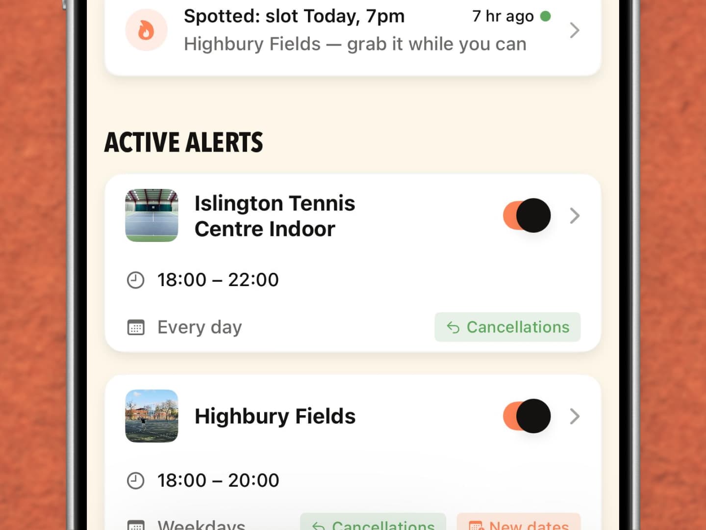 AnyCourt alerts screen